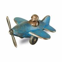 Gartentraum.de Flugzeug mit Pilot aus Bronze - kleine Dekofigur - Flugzeug / Bronze Patina grün