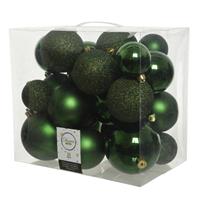 Decoris 26x Stuks Kunststof Kerstballen Donkergroen (Pine) 6-8-10 Cm Glans/mat/glitter - Kerstbal
