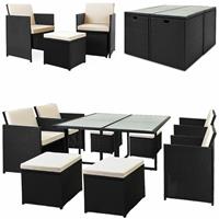 CASARIA Poly Rattan 9 tlg Sitzgruppe Cube 4 StÃ¼hle 4 Hocker Auflagen & Kissen Tisch 120x120cm Platzsparend GartenmÃ¶bel Set - 