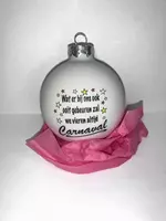 GroenRijk Kerstbal glas 8 cm tekst 'Wij vieren altijd Carnaval' | Rood - Wit - Geel