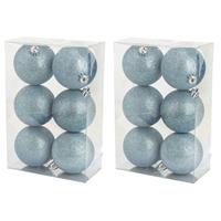 Cosy & Trendy 12x stuks kunststof glitter kerstballen ijsblauw 8 cm -
