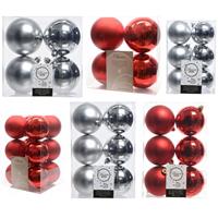 Decoris Kerstversiering kunststof kerstballen mix rood/zilver 6-8-10 cm pakket van 44x stuks -