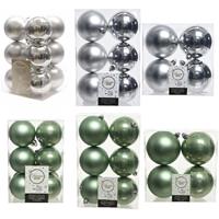 Decoris Kerstversiering kunststof kerstballen mix salie groen/zilver 6-8-10 cm pakket van 44x stuks -