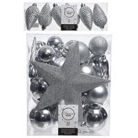 Decoris Kerstversiering kunststof kerstballen met piek zilver 5-6-8 cm pakket van 39x stuks -
