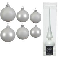 Decoris Groot pakket glazen kerstballen 50x winter wit glans/mat 4-6-8 cm met piek glans -