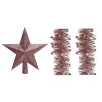 Decoris Set van een kerst ster piek en 2x stuks kerstslingers oud roze 270 x 10 cm -