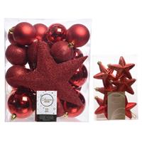 Decoris Kerstversiering kunststof kerstballen met piek rood 5-6-8 cm pakket van 39x stuks -