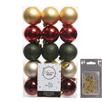 Decoris Kerstversiering mix pakket kunststof kerstballen 6 cm goud/groen/rood 30x stuks met haakjes -