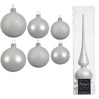 Decoris Groot pakket glazen kerstballen 50x winter wit glans/mat 4-6-8 cm met piek mat -