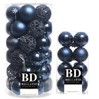 Bellatio Kerstversiering kunststof kerstballen donkerblauw 4-6 cm pakket van 53x stuks -