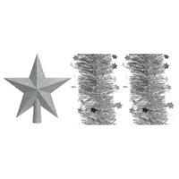 Decoris Set van een kerst ster piek en 2x stuks kerstslingers zilver 270 x 10 cm -