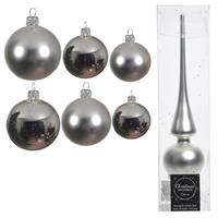 Decoris Groot pakket glazen kerstballen 50x zilver glans/mat 4-6-8 cm met piek mat -