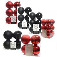 Decoris Kerstversiering kunststof kerstballen mix zwart/rood 6-8-10 cm pakket van 44x stuks -