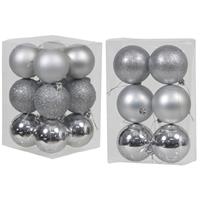 Bellatio Kerstversiering kunststof kerstballen zilver 6 en 8 cm pakket van 36x stuks -