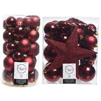 Decoris Kerstversiering kunststof kerstballen met piek donkerrood 4-5-6-8 cm pakket van 59x stuks -