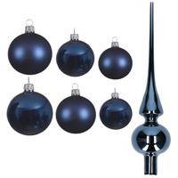 Decoris Groot pakket glazen kerstballen 50x donkerblauw glans/mat 4-6-8 cm met piek glans -