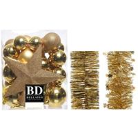 Decoris Kerstversiering kerstballen 5-6-8 cm met ster piek en folieslingers pakket goud van 35x stuks -