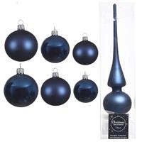 Decoris Groot pakket glazen kerstballen 50x donkerblauw glans/mat 4-6-8 cm met piek mat -