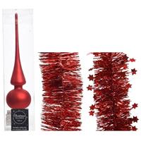 Decoris Kerstversiering glazen piek mat 26 cm en folieslingers pakket rood van 3x stuks -