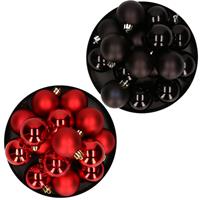 Decoris Kerstversiering kunststof kerstballen mix zwart/ rood 4 en 6 cm pakket van 80x stuks -