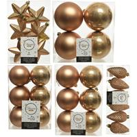 Decoris Kerstversiering kunststof kerstballen camel bruin 6-8-10 cm pakket van 62x stuks -