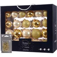 Decoris Kerstversiering glazen kerstballen mix set 5-6-7 cm goud/champagne 42x stuks met haakjes -