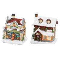 Bellatio Set van 2x stuks Kerstdorp kersthuisjes bakkerij en speelgoedwinkel met verlichting 12,5 cm -