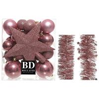 Decoris Kerstversiering kerstballen 5-6-8 cm met ster piek en folieslingers pakket oud roze van 35x stuks -