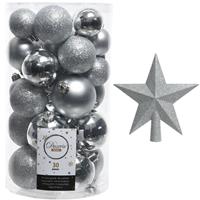 Decoris Kerstversiering kunststof kerstballen met piek zilver 4-5-6 cm pakket van 31x stuks -