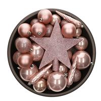 Bellatio Set van 33x stuks kunststof kerstballen met ster piek lichtroze (blush pink) mix -