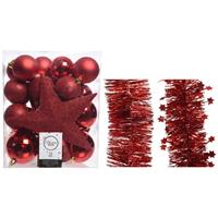 Decoris Kerstversiering kerstballen 5-6-8 cm met ster piek en folieslingers pakket rood van 35x stuks -