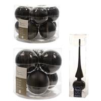 Decoris Glazen kerstballen pakket zwart glans/mat 32x stuks inclusief piek glans -