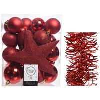 Decoris Kerstversiering kerstballen 5-6-8 cm met ster piek en golf folieslingers pakket rood van 35x stuks -