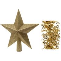 Decoris Kerstversiering kunststof glitter ster piek 19 cm en golf folieslingers pakket goud van 3x stuks -