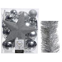 Decoris Kerstversiering kerstballen 5-6-8 cm met ster piek en folieslingers pakket zilver van 35x stuks -