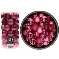 Bellatio 74x stuks kunststof kerstballen fuchsia roze 6 cm glans/mat/glitter mix -