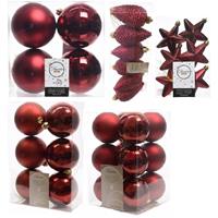 Decoris Kerstversiering kunststof kerstballen donkerrood 6-8-10 cm pakket van 62x stuks -