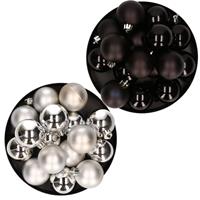 Decoris Kerstversiering kunststof kerstballen mix zwart/ zilver 4 en 6 cm pakket van 80x stuks -