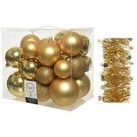 Decoris Kerstversiering kunststof kerstballen 6-8-10 cm met sterren folieslingers pakket goud van 28x stuks -