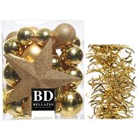 Decoris Kerstversiering kerstballen 5-6-8 cm met ster piek en golf slingers pakket goud van 35x stuks -