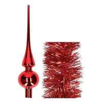 Decoris Kerstversiering glazen piek glans 26 cm en folieslingers pakket rood van 3x stuks -