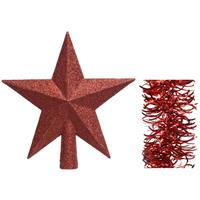 Decoris Kerstversiering kunststof glitter ster piek 19 cm en golf folieslingers pakket rood van 3x stuks -