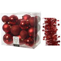 Decoris Kerstversiering kunststof kerstballen 6-8-10 cm met sterren folieslingers pakket rood van 28x stuks -