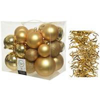 Decoris Kerstversiering kunststof kerstballen 6-8-10 cm met golf folieslingers pakket goud van 28x stuks -