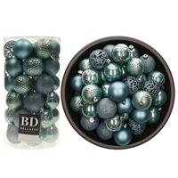 Bellatio 74x stuks kunststof kerstballen ijsblauw (arctic blue) 6 cm glans/mat/glitter mix -