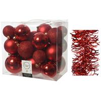 Decoris Kerstversiering kunststof kerstballen 6-8-10 cm met golf folieslingers pakket rood van 28x stuks -