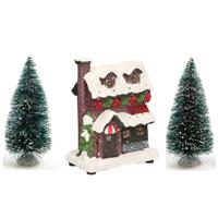 Kerstdorp verlicht kersthuisje bakkerij 12 cm inclusief 2 kerstboompjes -