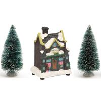Kerstdorp verlicht kersthuisje speelgoedwinkel 12 cm inclusief 2 kerstboompjes -
