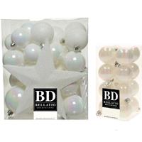 Bellatio 49x stuks kunststof kerstballen met ster piek parelmoer wit mix -