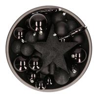 Bellatio Set van 33x stuks kunststof kerstballen met ster piek zwart mix -
